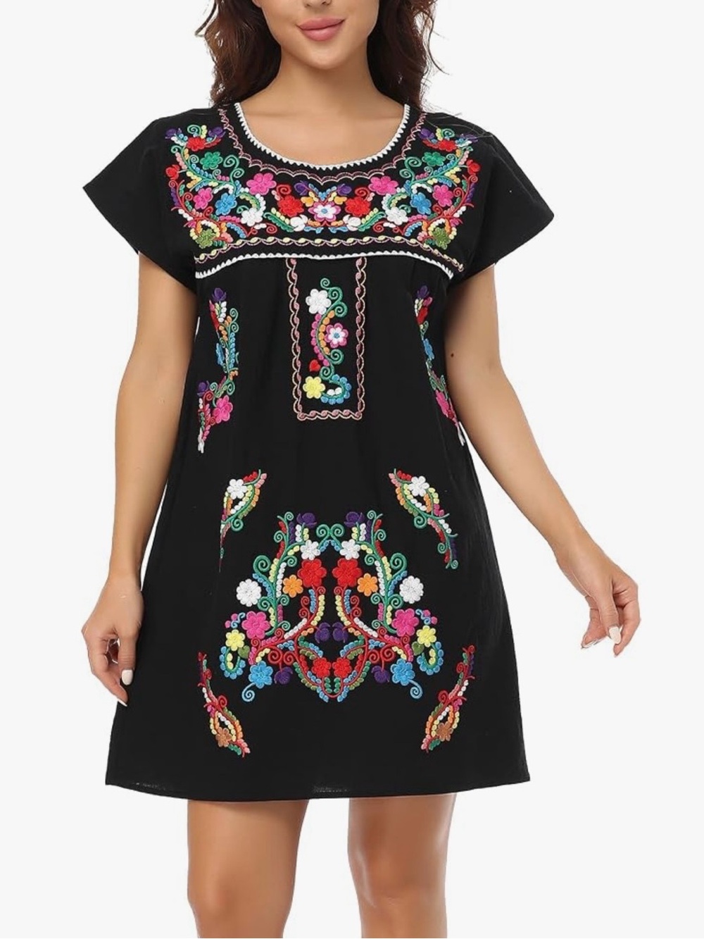 100% Cotton Black Embroidered Floral Boho Dress - Picture 10 of 11